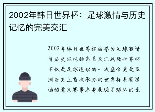 2002年韩日世界杯：足球激情与历史记忆的完美交汇