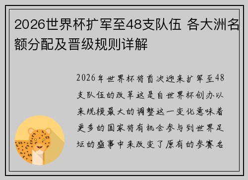 2026世界杯扩军至48支队伍 各大洲名额分配及晋级规则详解